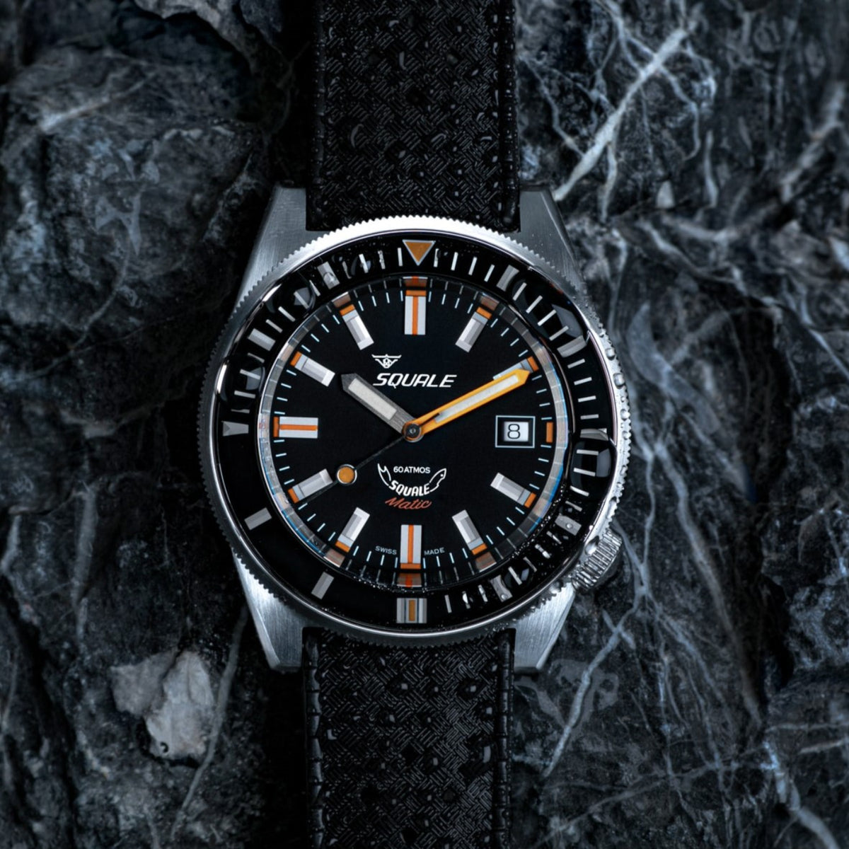 Squale Squalematic 60 ATMOS automatic dive watch featuring orange minute hand and black tropic rubber strap