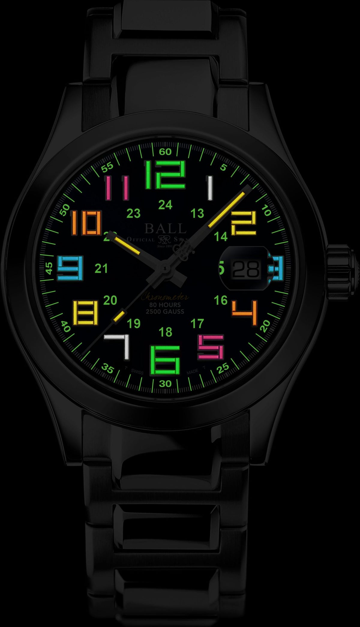 Men's automatic watch with black bracelet and multicolor glowing dial