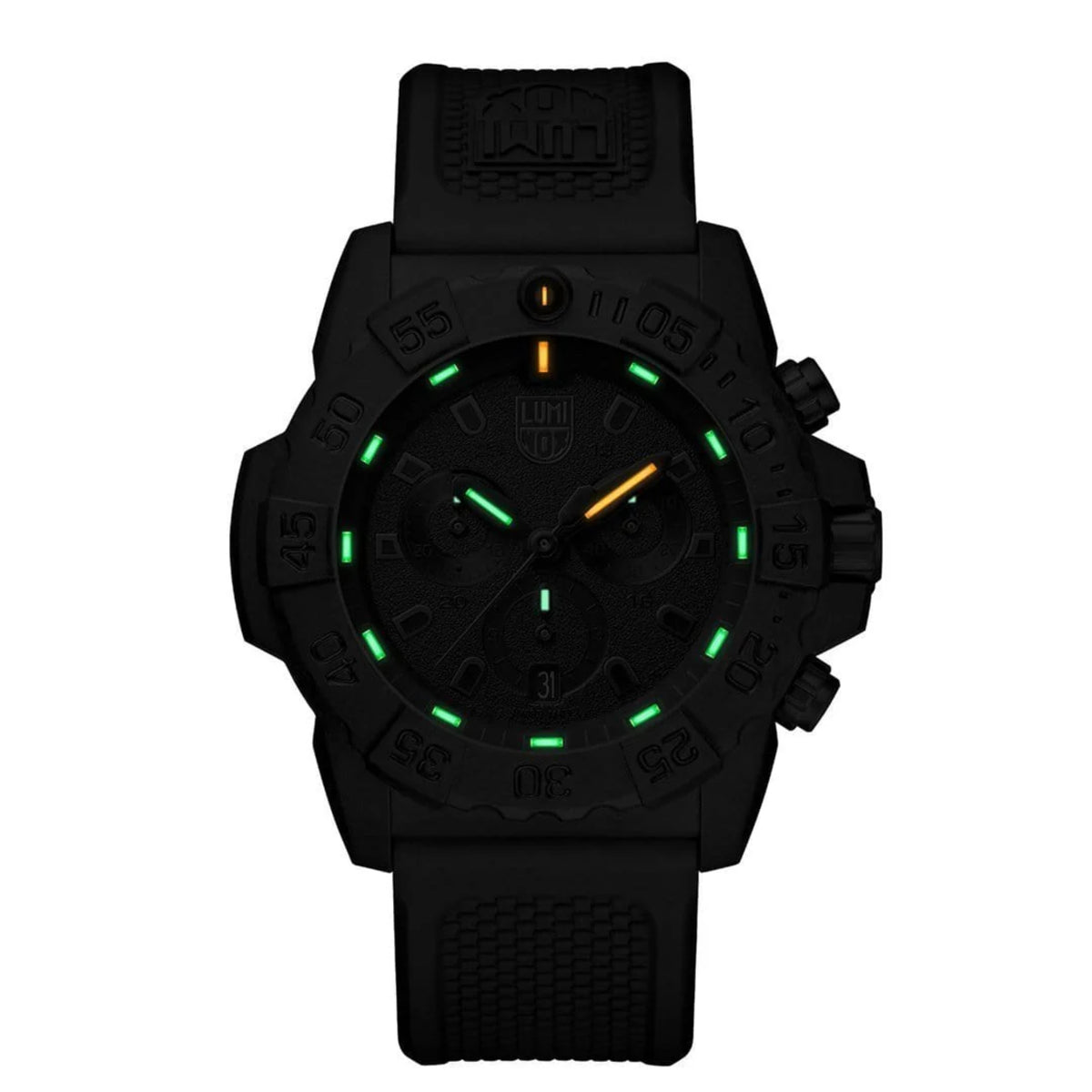 Dark environment view displaying self-powered tritium tube night illumination on the Luminox Navy SEAL XS.3581.BO watch face