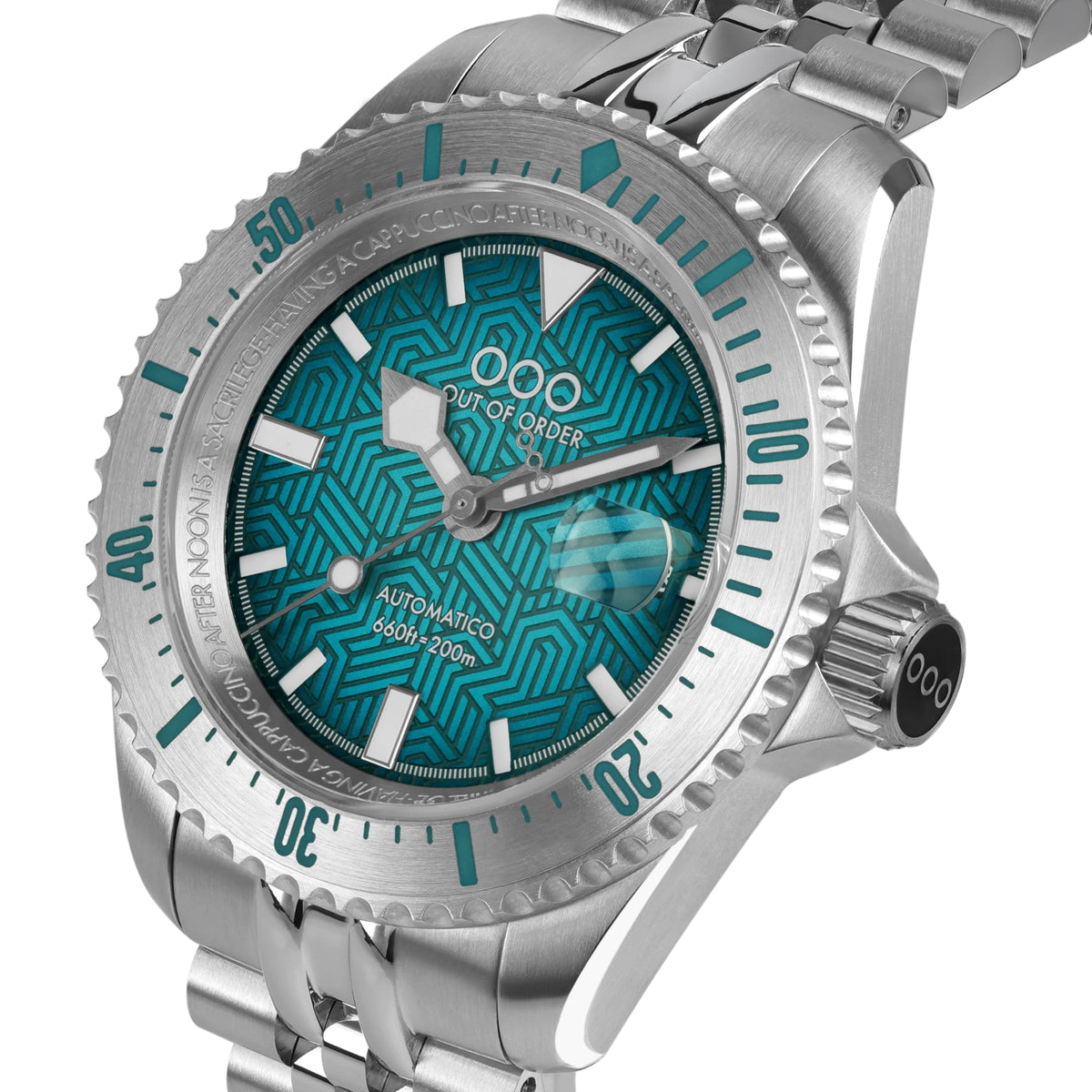 Men's dive watch with teal geometric dial, silver bezel, and stainless steel bracelet.