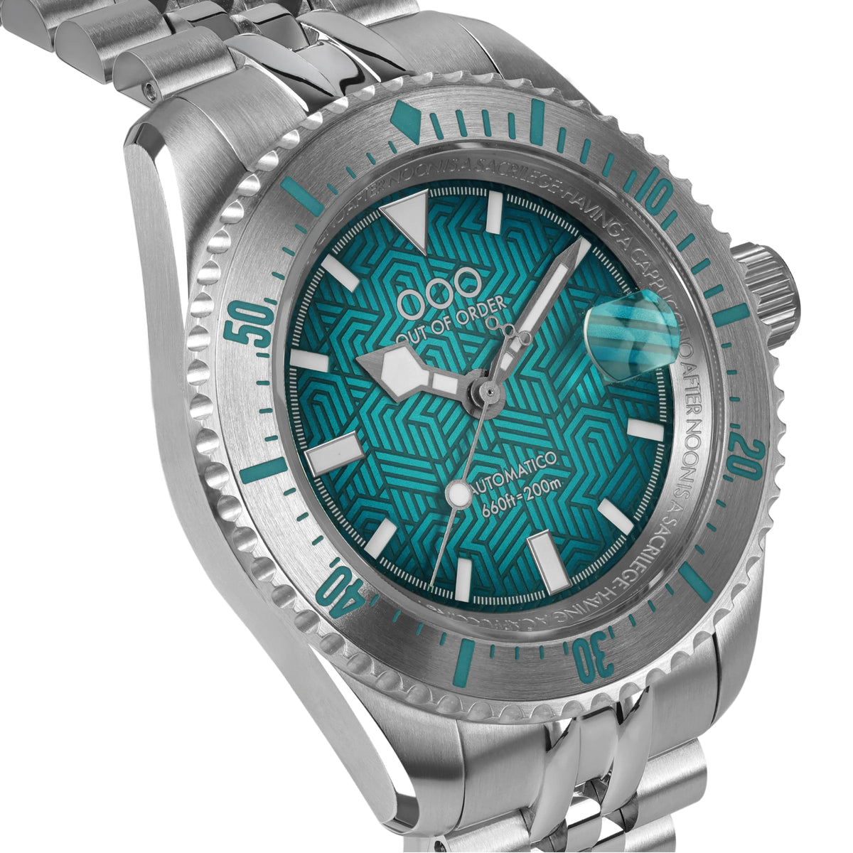 Men's Diverissimo dive watch with teal patterned dial, silver bezel, and steel bracelet.