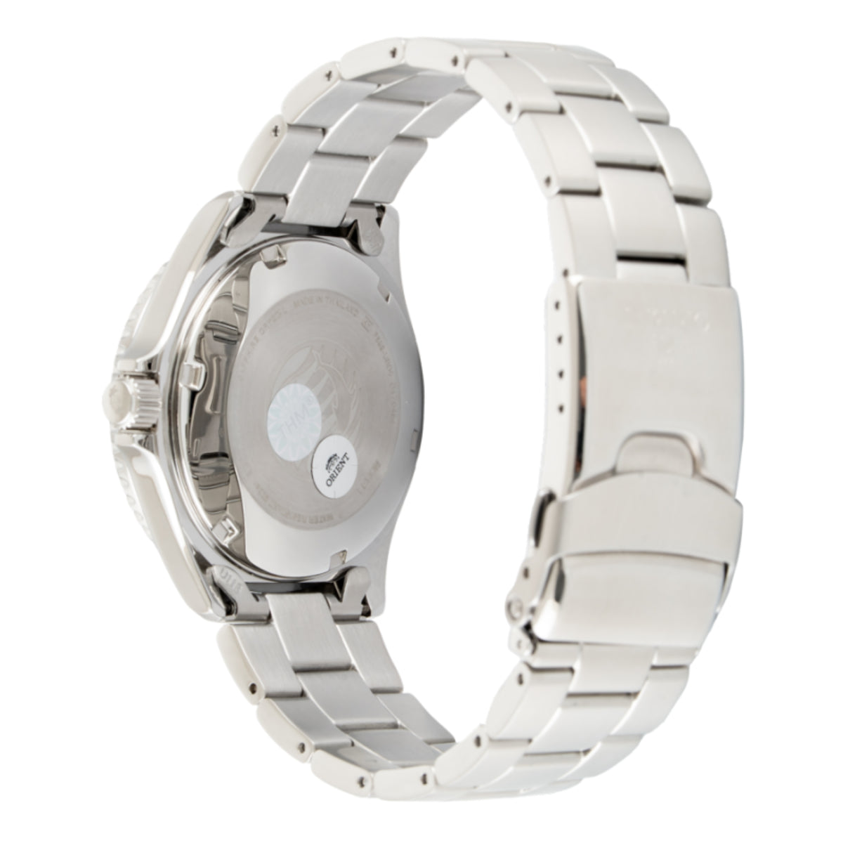 Steel watch bracelet viewed from the side with case and crown area