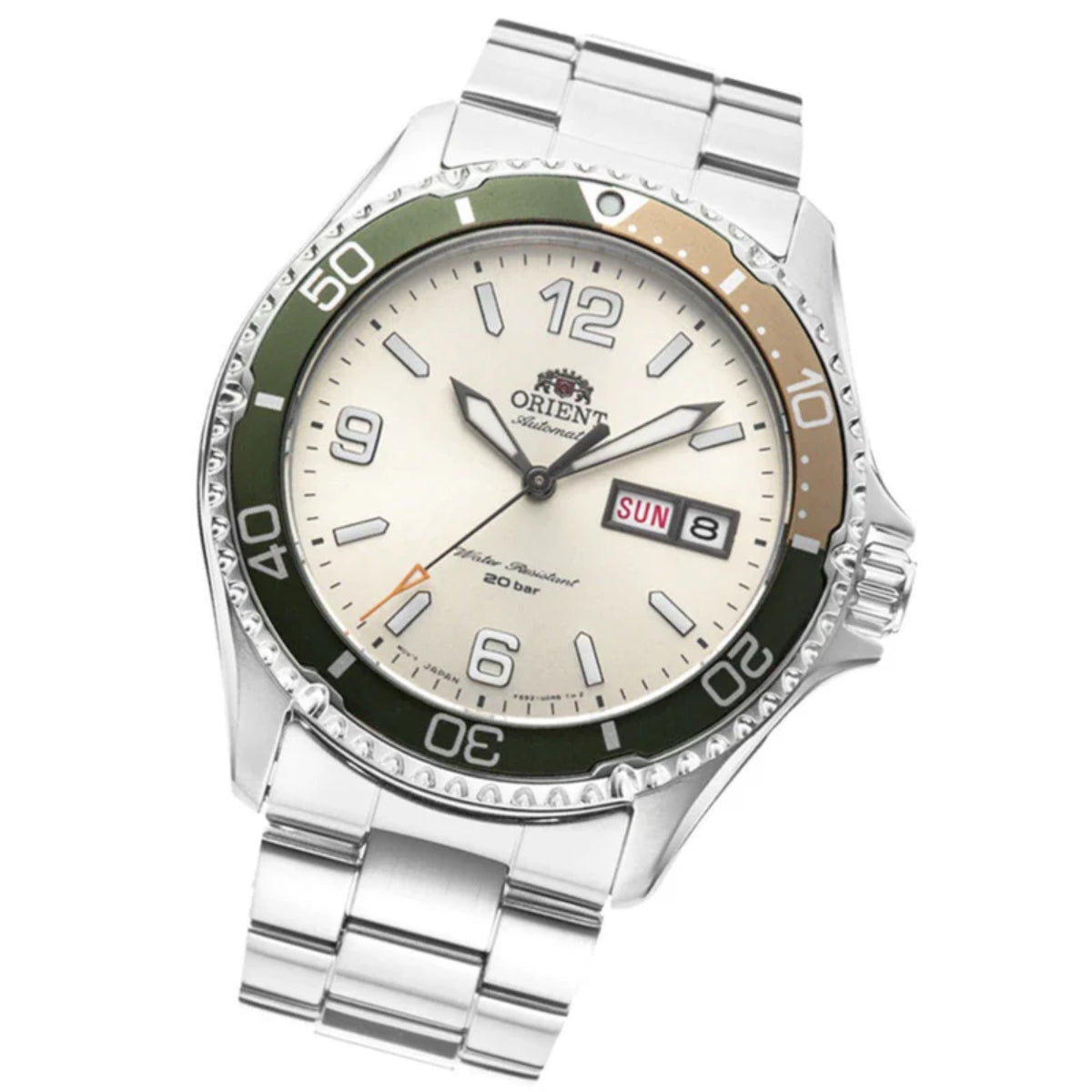 Men's automatic steel watch with ivory dial and dark green bezel ring