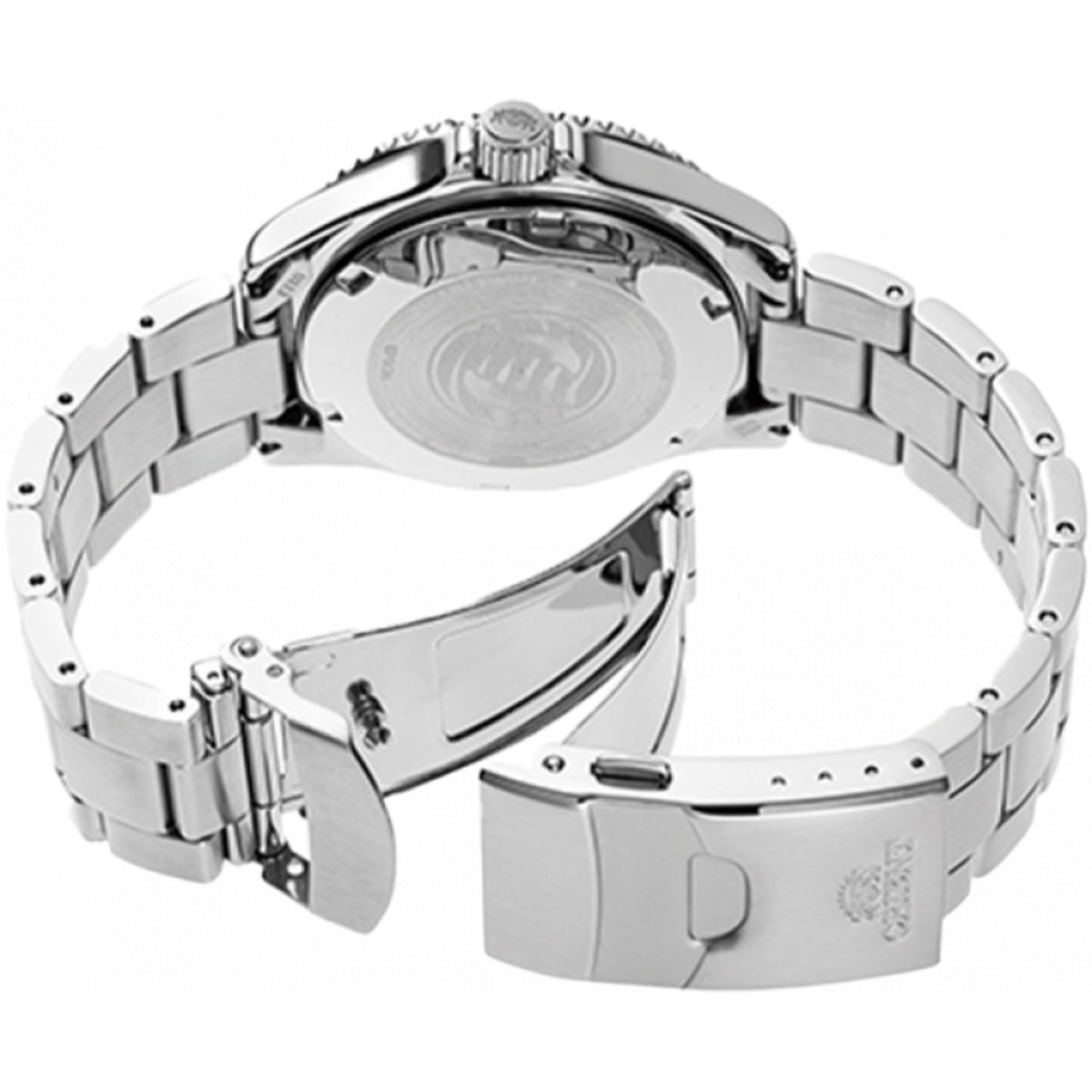Steel watch case back with engraved markings and bracelet links