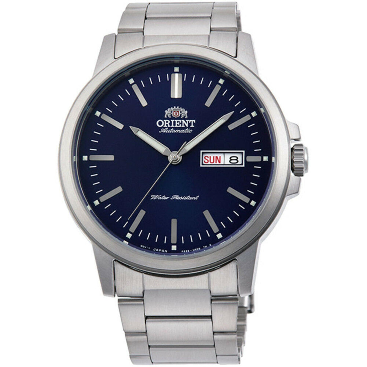 Orient Contemporary RA-AA0C02L39B wristwatch with blue dial, date window, and stainless steel bracelet