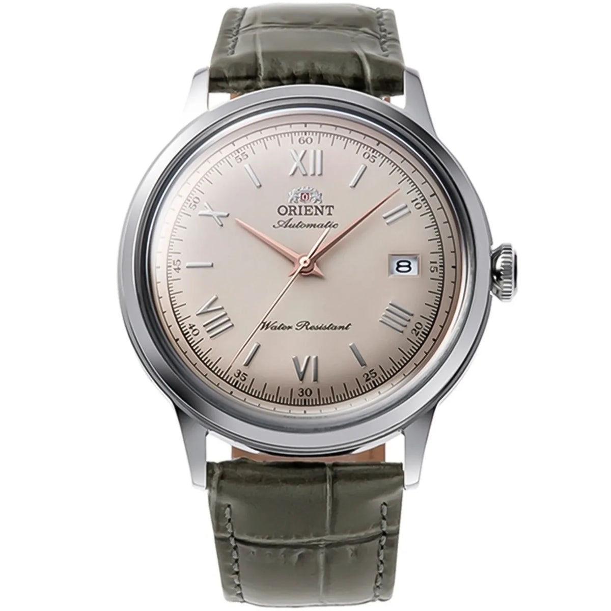 Front view of Orient Bambino Classic Watch RA-AC0025N30B showing a beige dial, date window, and green leather strap on a white background