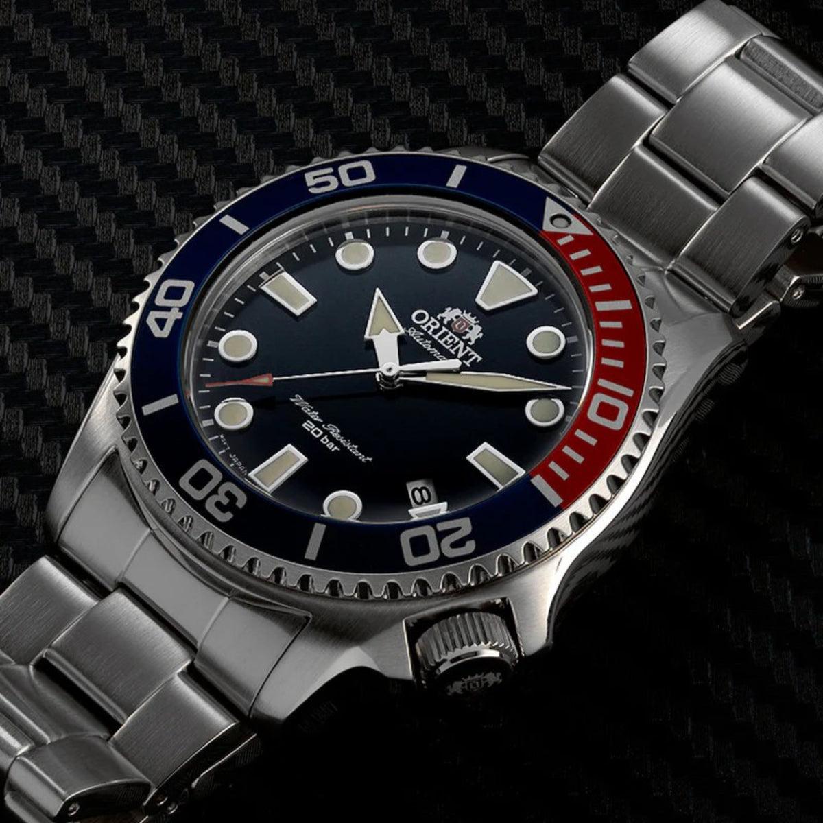 Orient Triton 43mm automatic watch with blue dial and steel bracelet