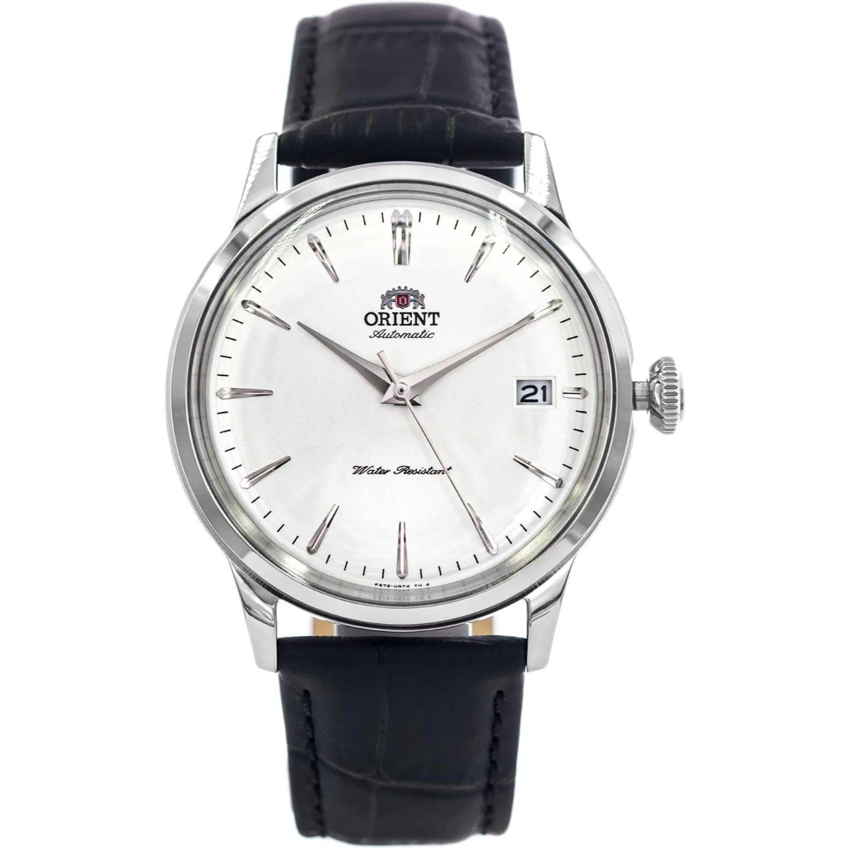 Front view of Orient Bambino automatic wrist watch with white dial, black leather strap, and date window