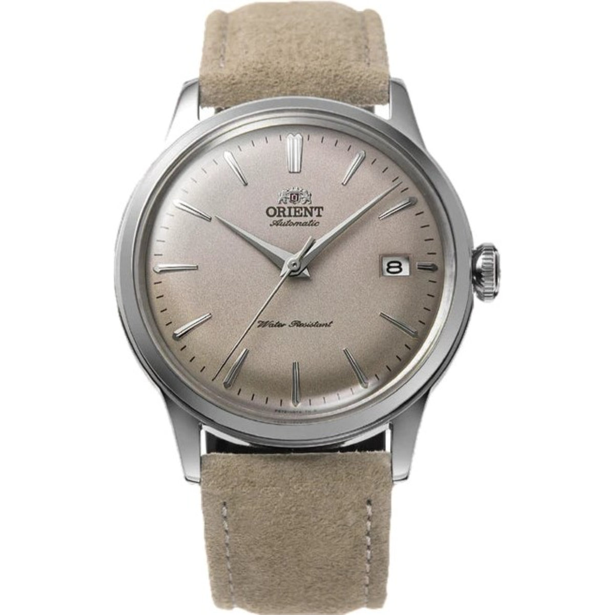 Men's automatic wristwatch with grey dial and tan leather strap