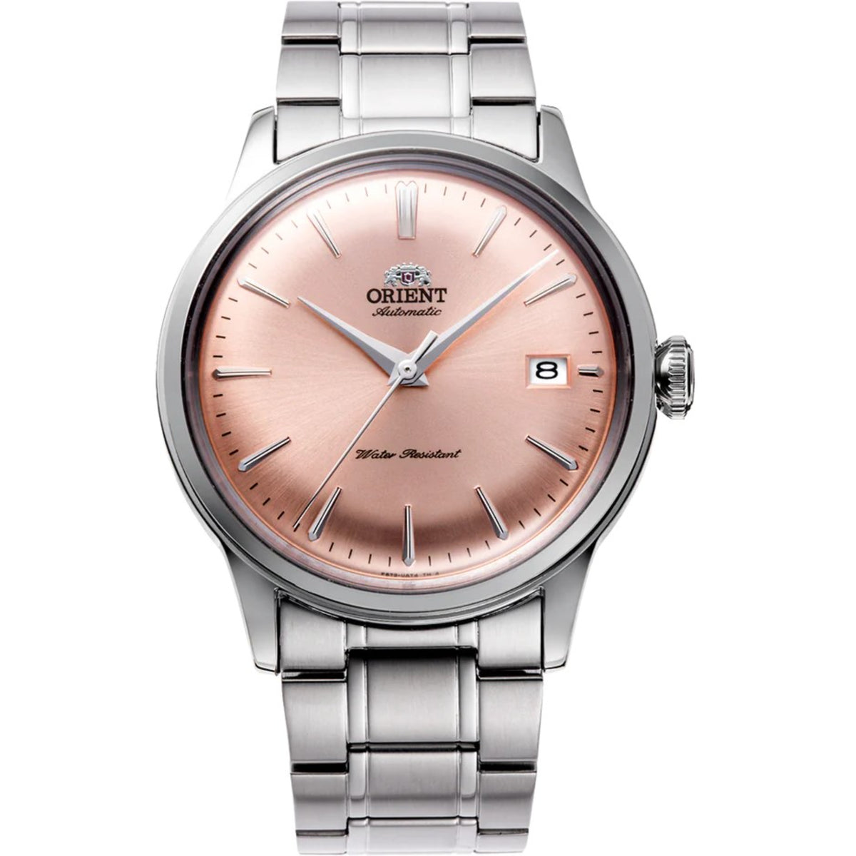 Orient Bambino RA-AC0M11Y30B automatic watch showcasing a sunburst pink dial, date aperture, silver indices, and stainless steel link bracelet