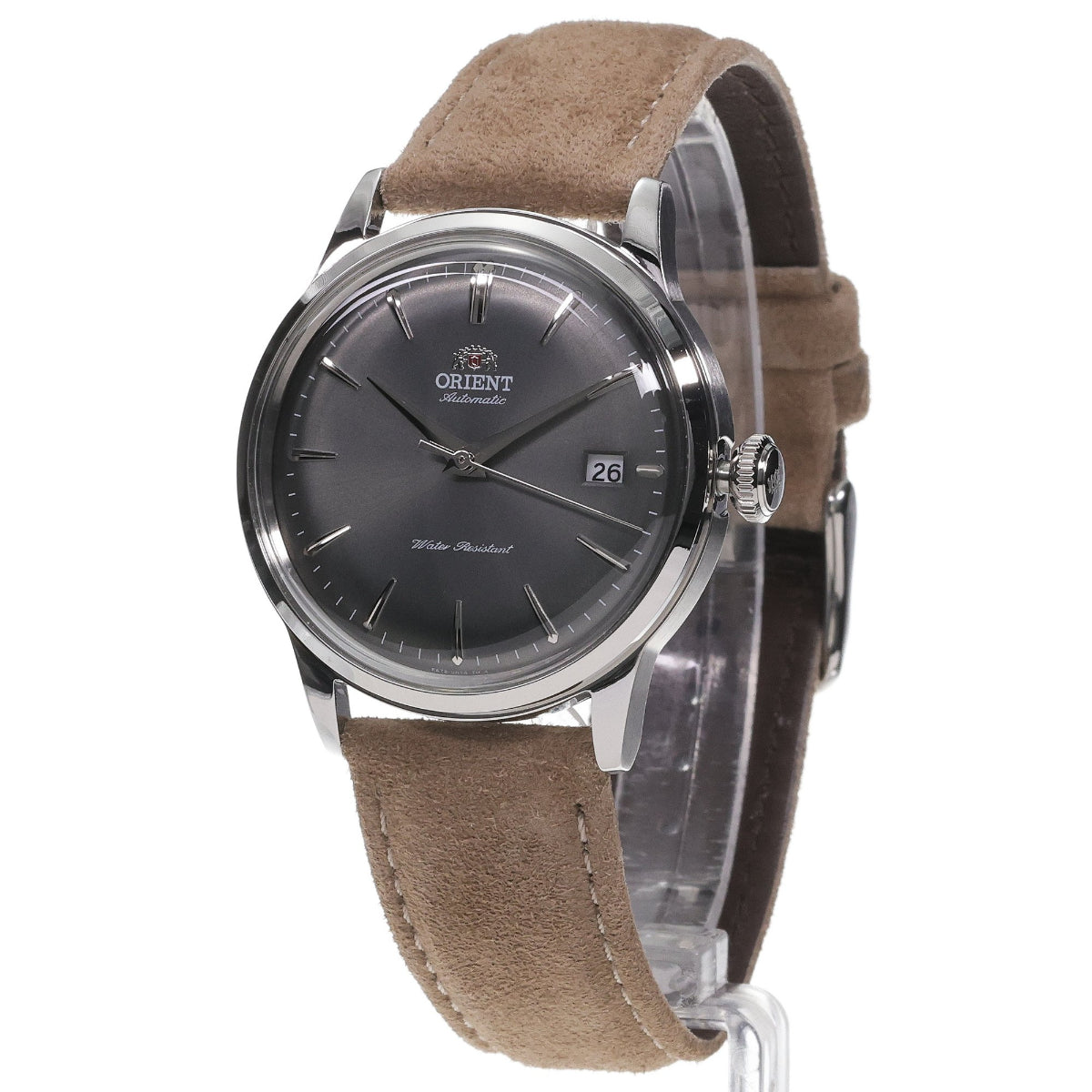 Orient Bambino RA-AC0M13N30B three-quarter view on transparent display stand