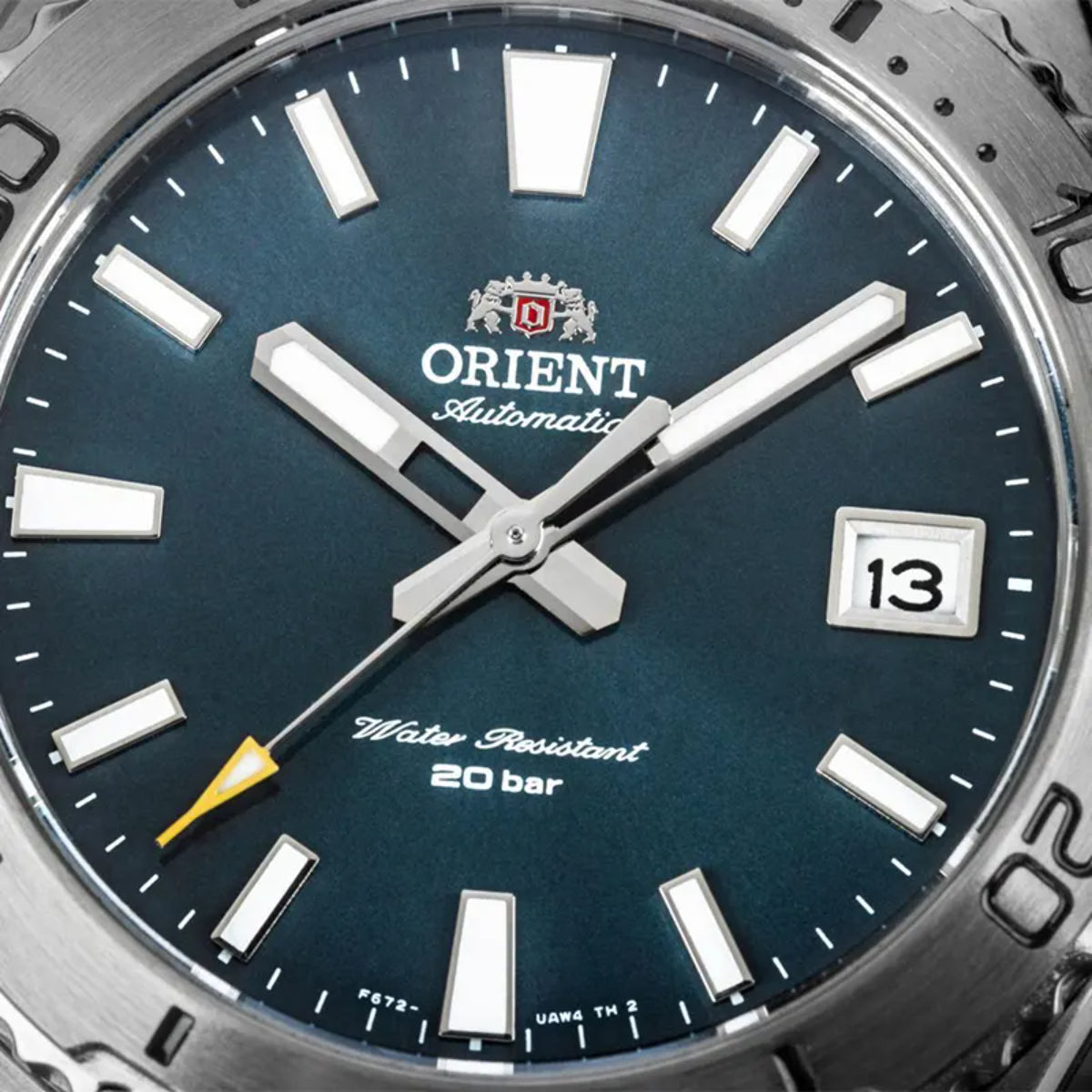 Blue dial Orient Automatic wristwatch with baton markers and date window at 13