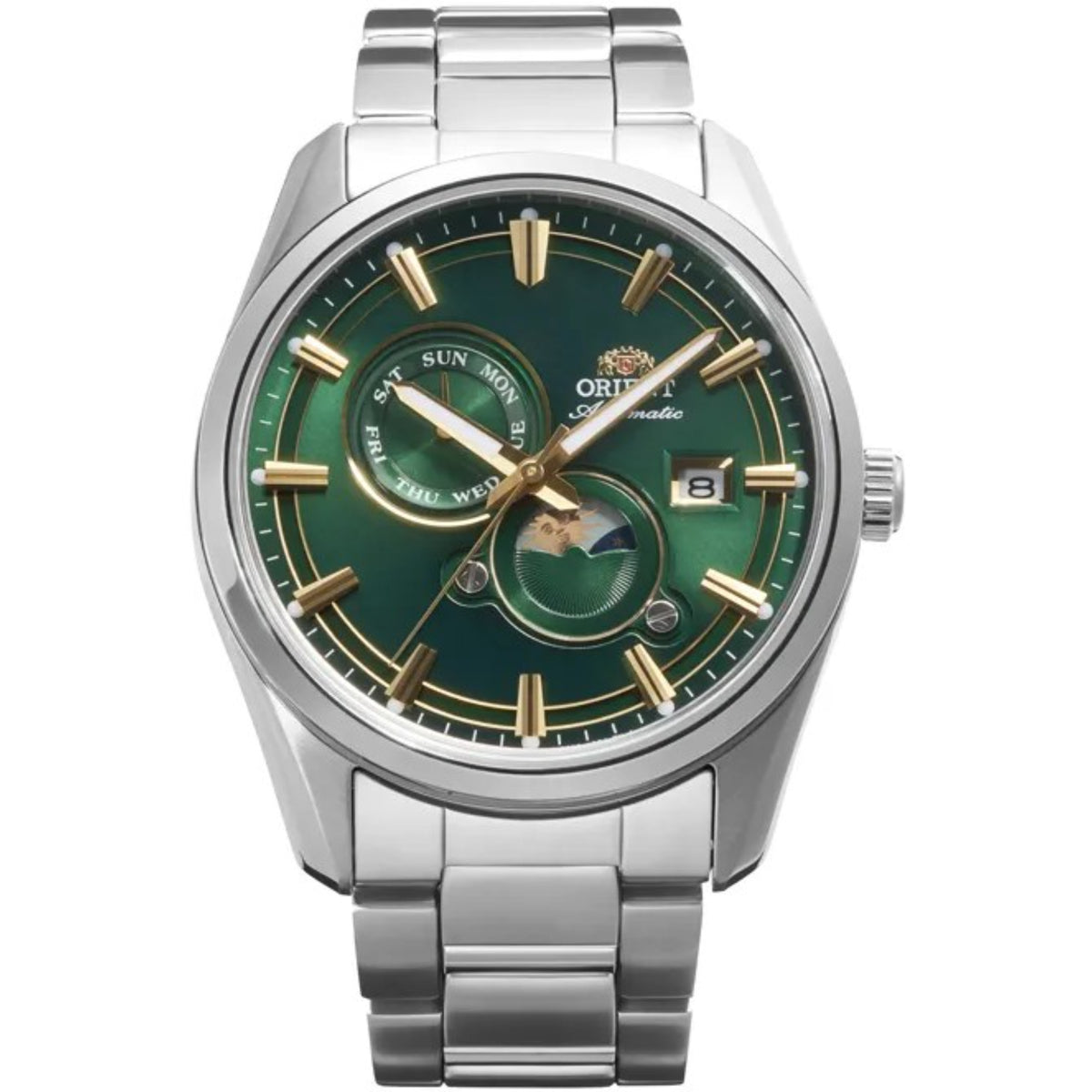 Orient Stretto Sun & Moon RA-AK0314E30B mens automatic watch with green dial and steel bracelet