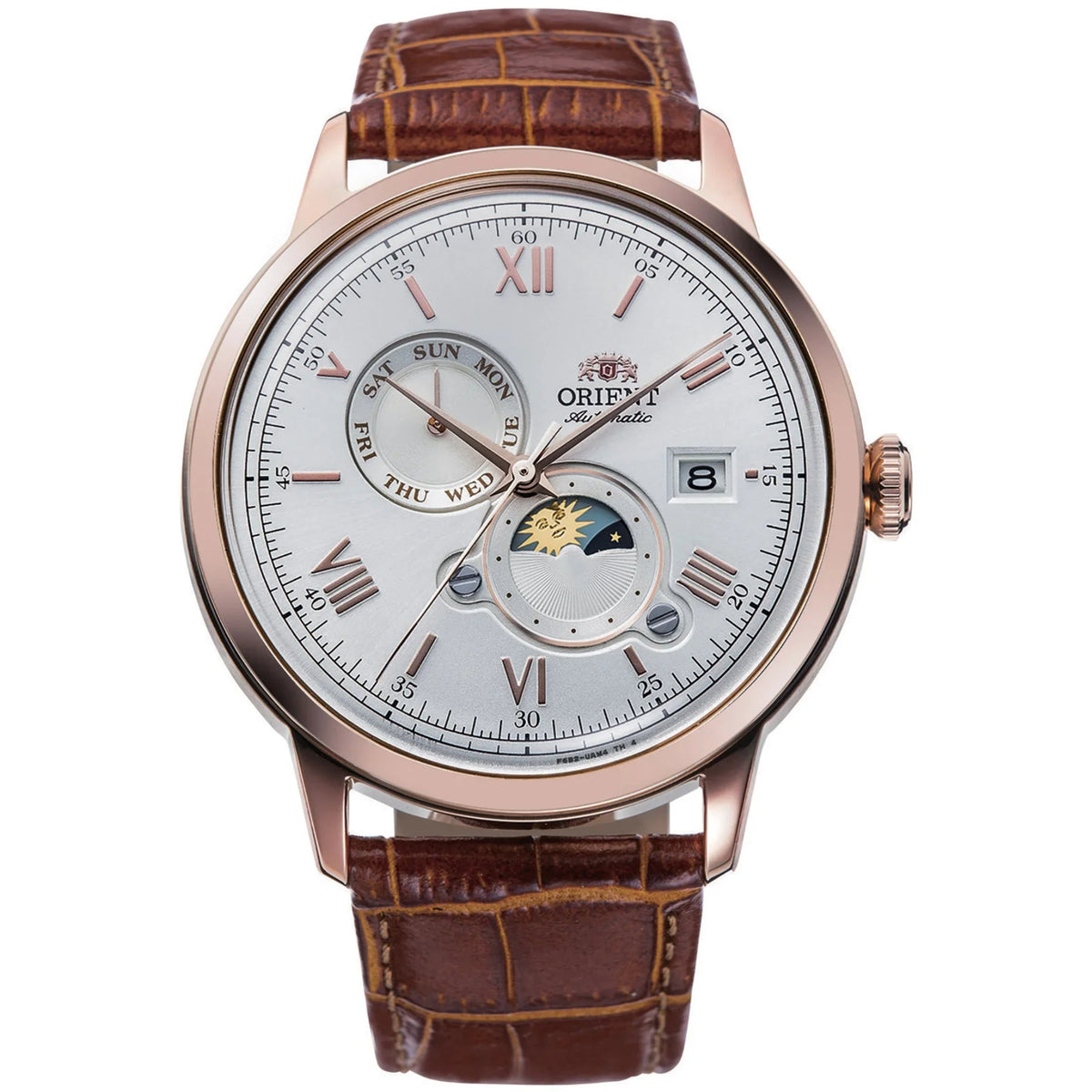 Orient Bambino Sun & Moon RA-AK0801S30B watch showing a silver dial, Roman numerals, a day/night subdial, and a brown leather strap