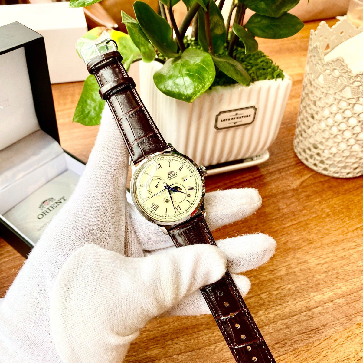 Orient Automatic Sun and Moon brown leather strap and presentation box view