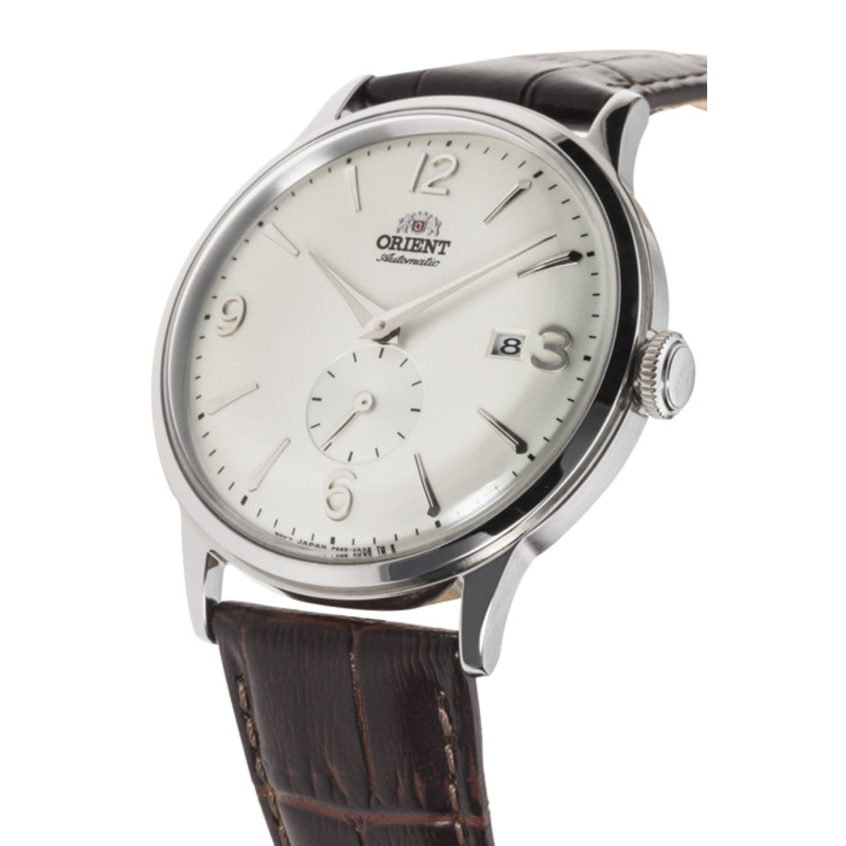 Men's automatic watch with white dial, brown leather strap, and round silver case