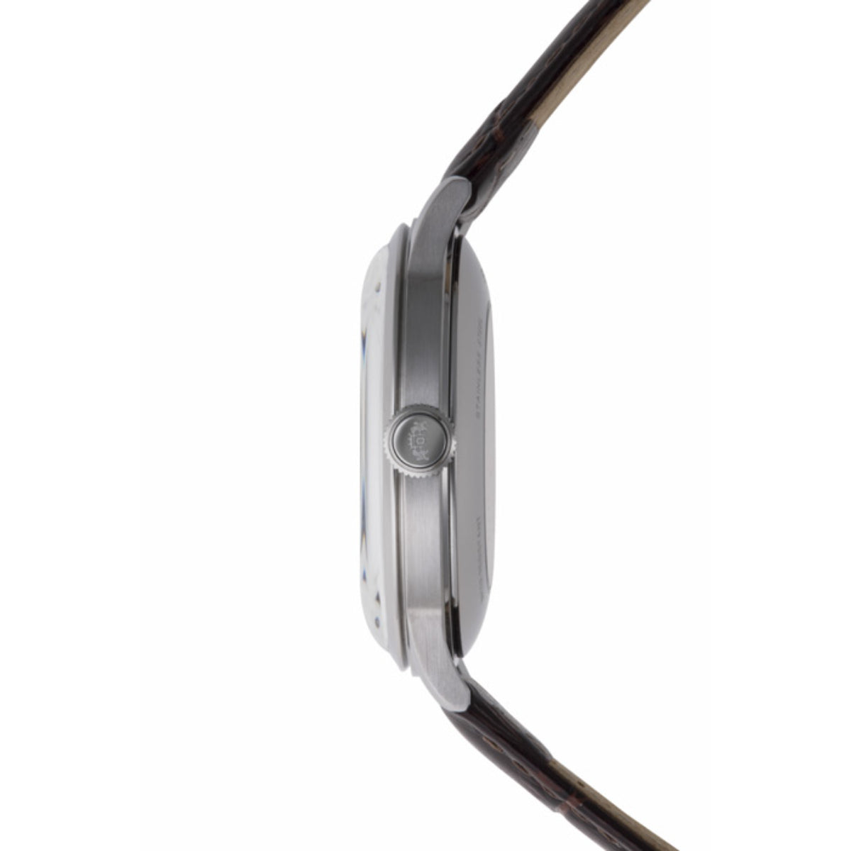 Men's automatic watch side view with silver case and brown leather strap