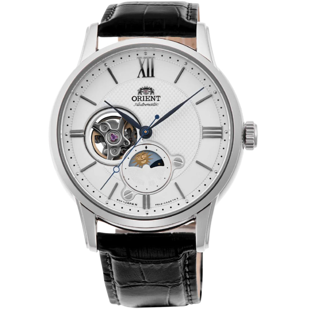 Men's automatic watch with white dial and black leather strap, sun and moon detail