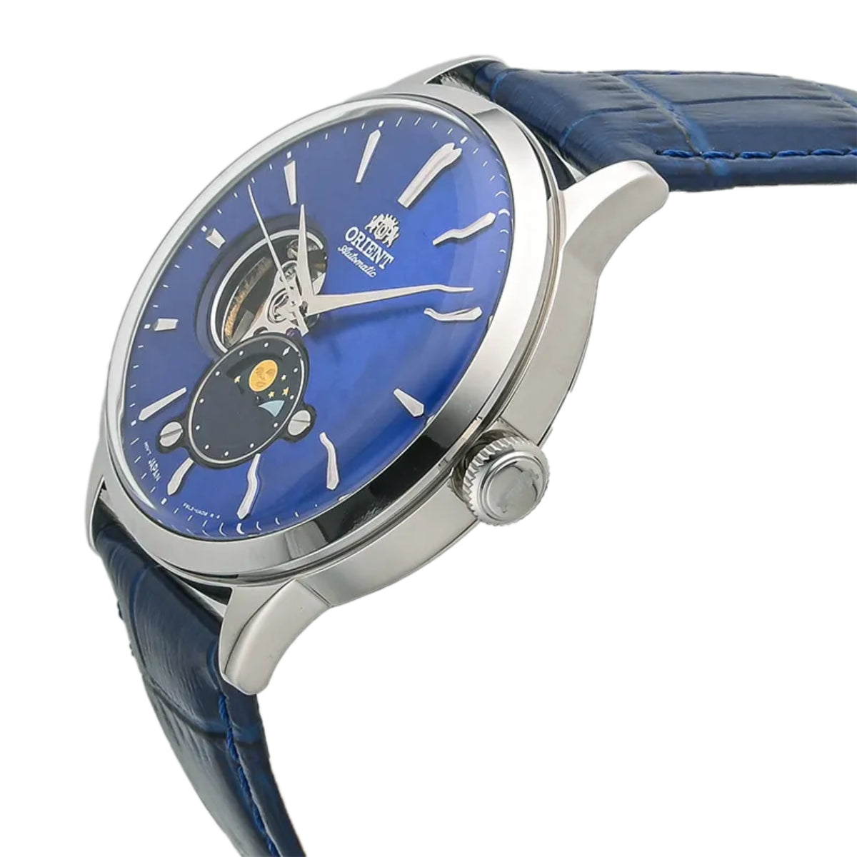 Men's automatic wristwatch with blue dial and blue leather strap, crown at 3 o'clock