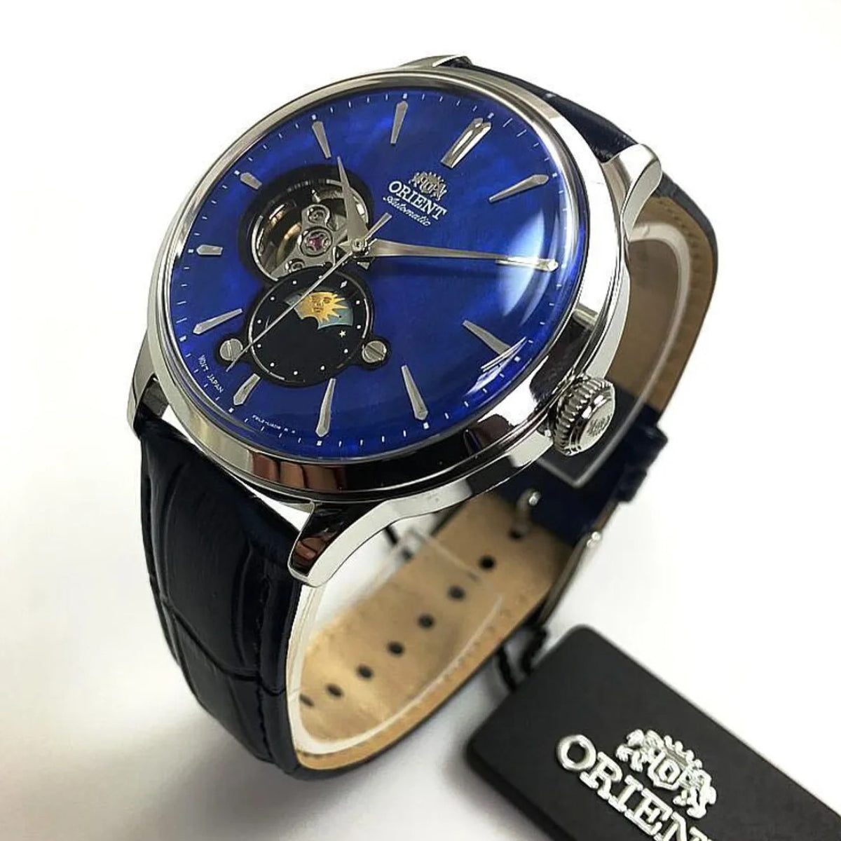 Men's automatic wristwatch with blue dial and blue leather strap, silver case