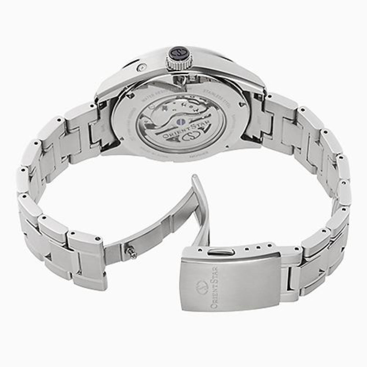 Stainless steel watch caseback with engraved markings and linked metal bracelet