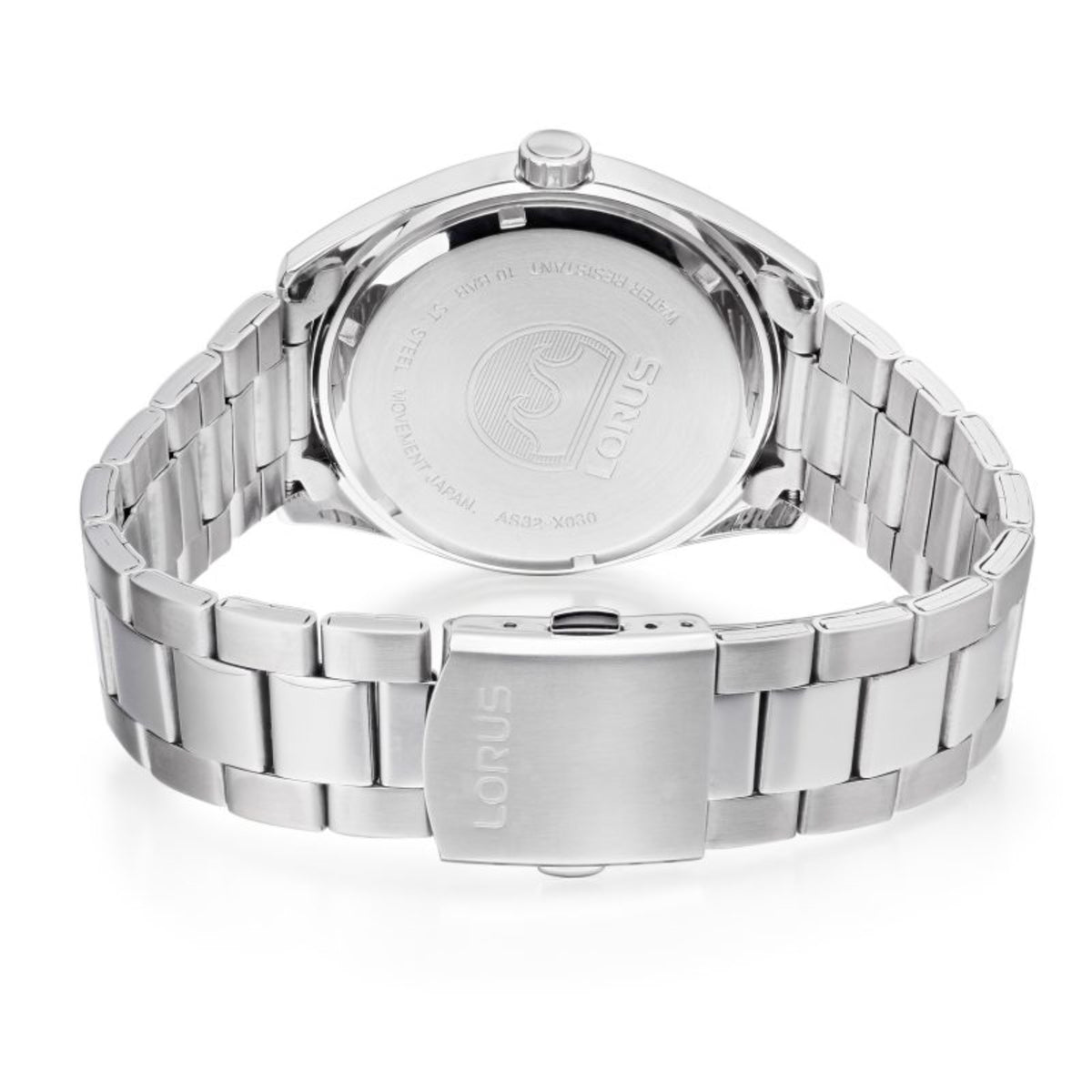 Lorus solar men's wristwatch rear view with silver-tone metal back and link bracelet