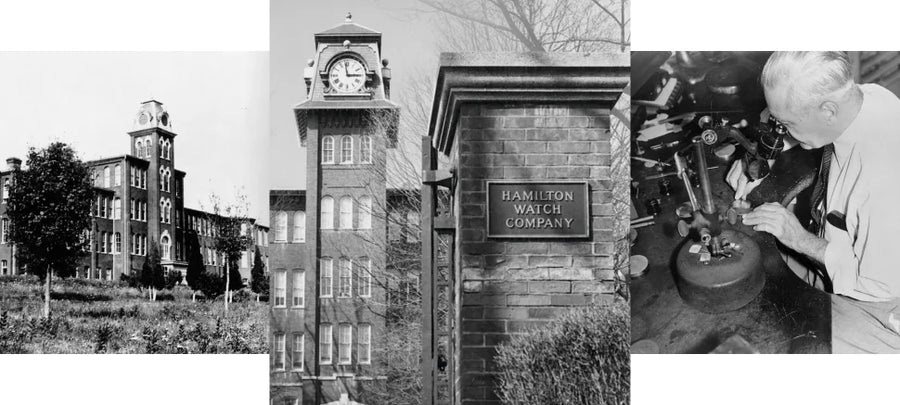 Vintage black and white photo collage showing the historic Hamilton Watch Company factory building and watchmaker at work