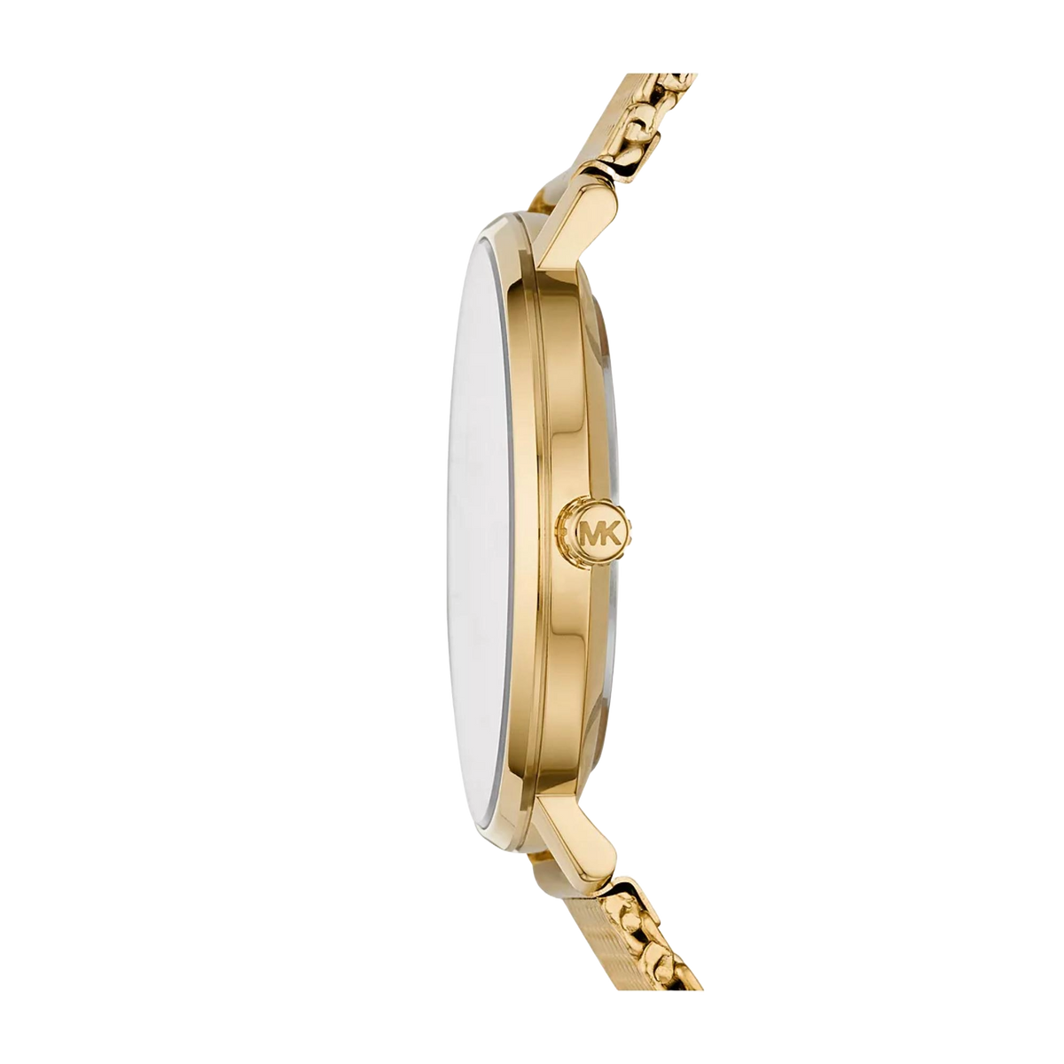 Michael Kors Pyper MK4339 side profile view featuring the slim gold-tone case and MK-engraved crown