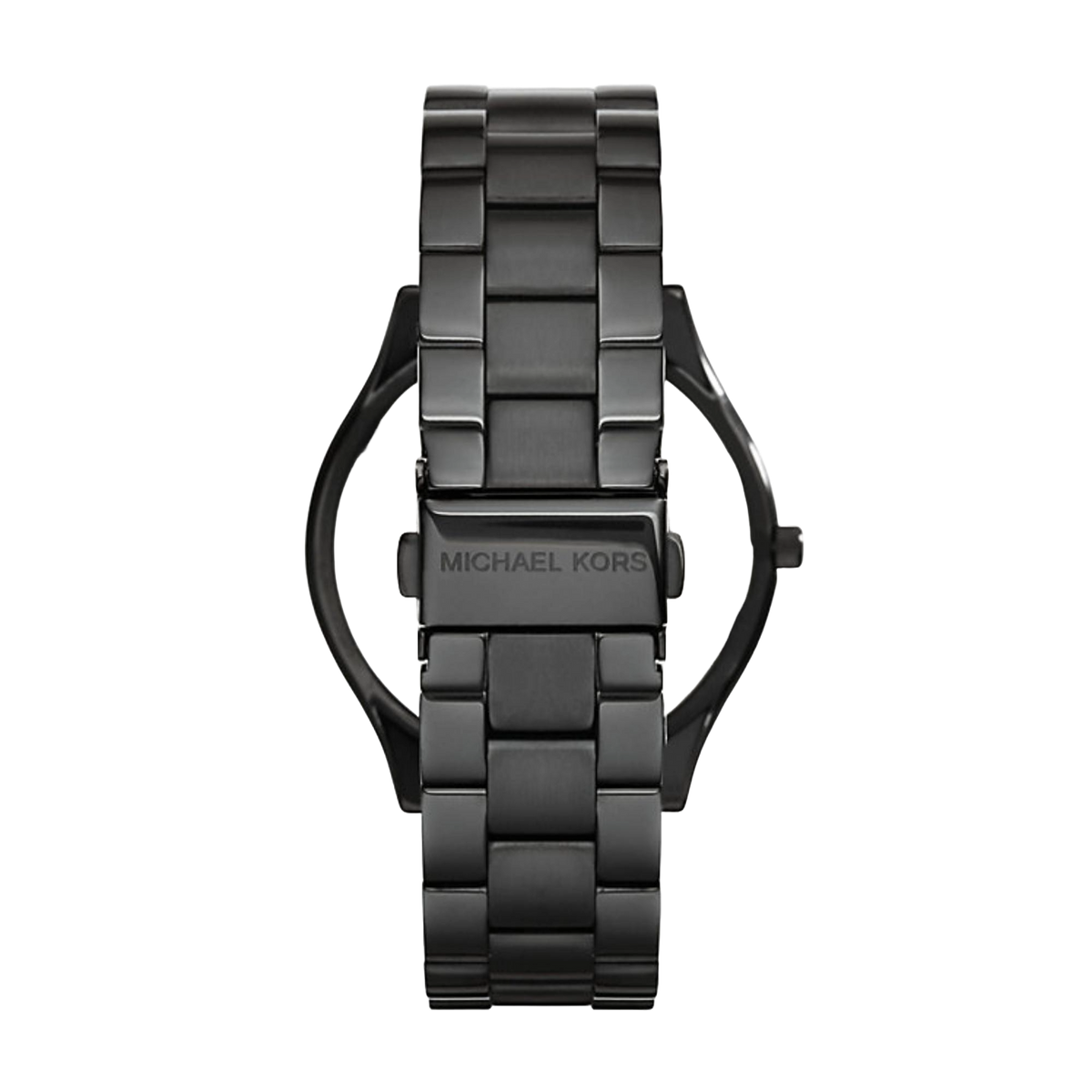Black-tone stainless watch bracelet with clasp; 'MICHAEL KORS' engraving on the band