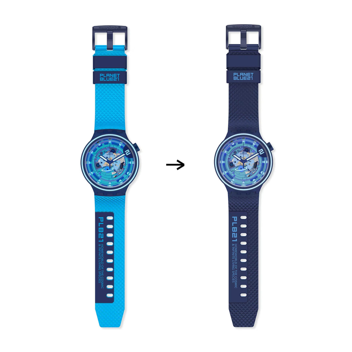 Blue silicone strap watch shown from two strap color/side views with round dial.