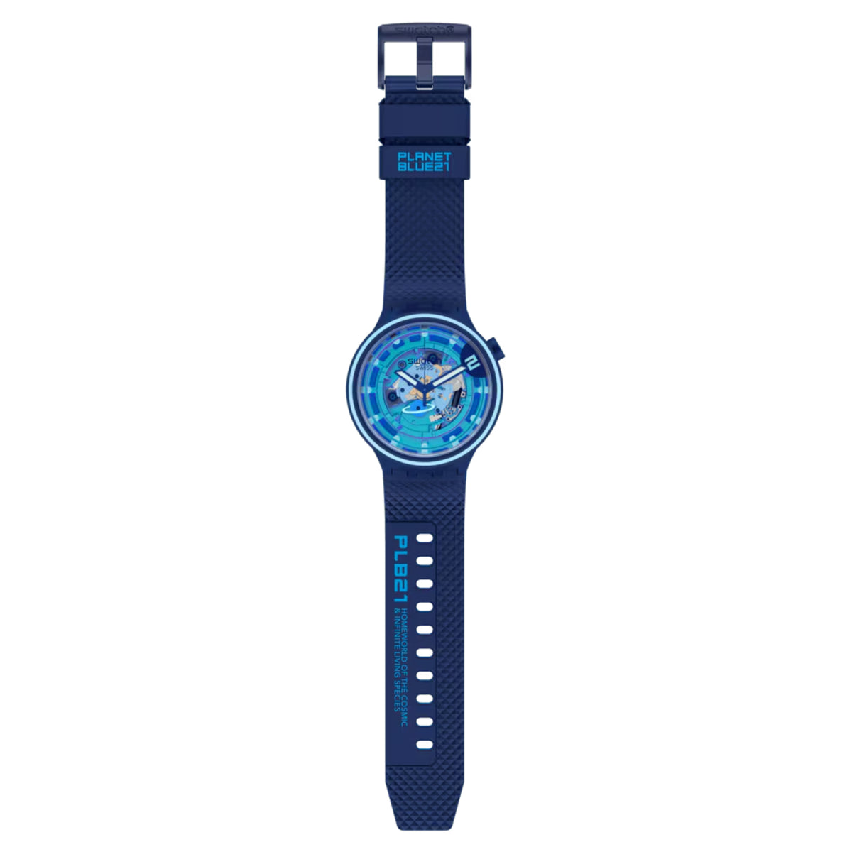 Blue silicone strap watch with round transparent face and buckle clasp, full view.