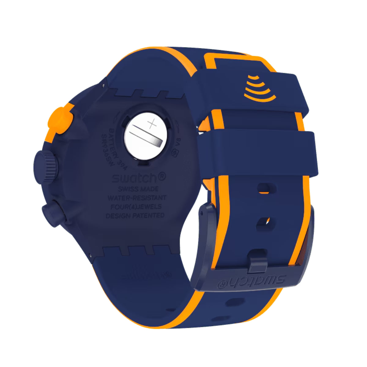 Men's quartz wristwatch caseback with circular markings and blue silicone strap with orange edges