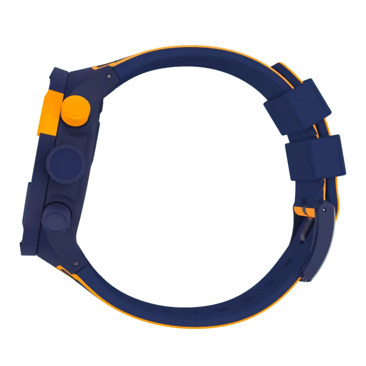 Men's quartz wristwatch band view: blue silicone strap with orange trim and blue push-crown detail