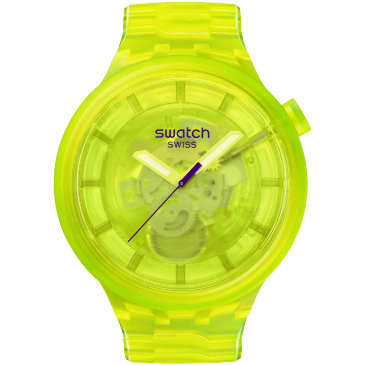 Yellow Swatch Joy wristwatch with neon yellow dial and matching translucent strap