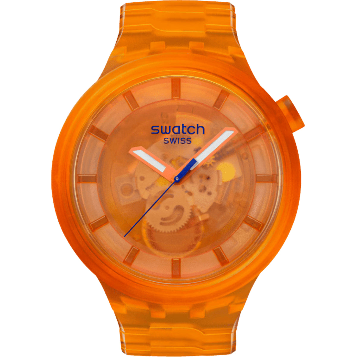 Orange Swatch bio-sourced wristwatch with orange dial and three-hand markers.