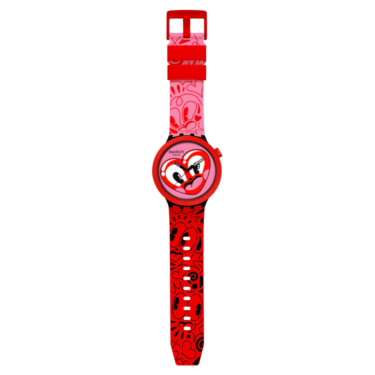 Heart-dial quartz watch with red silicone strap, side profile