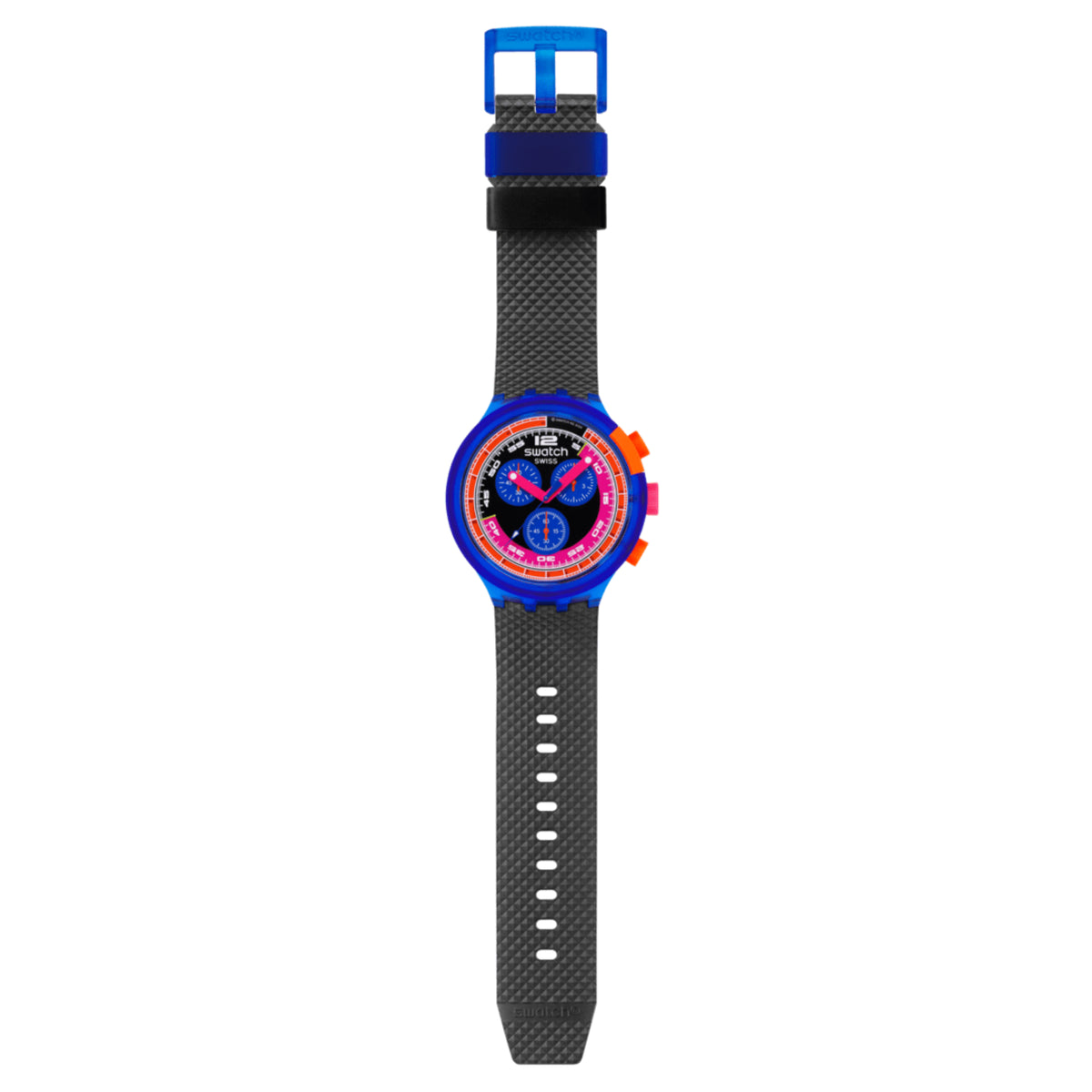 Men's chronograph watch on black textured strap with blue top strap section and neon dial