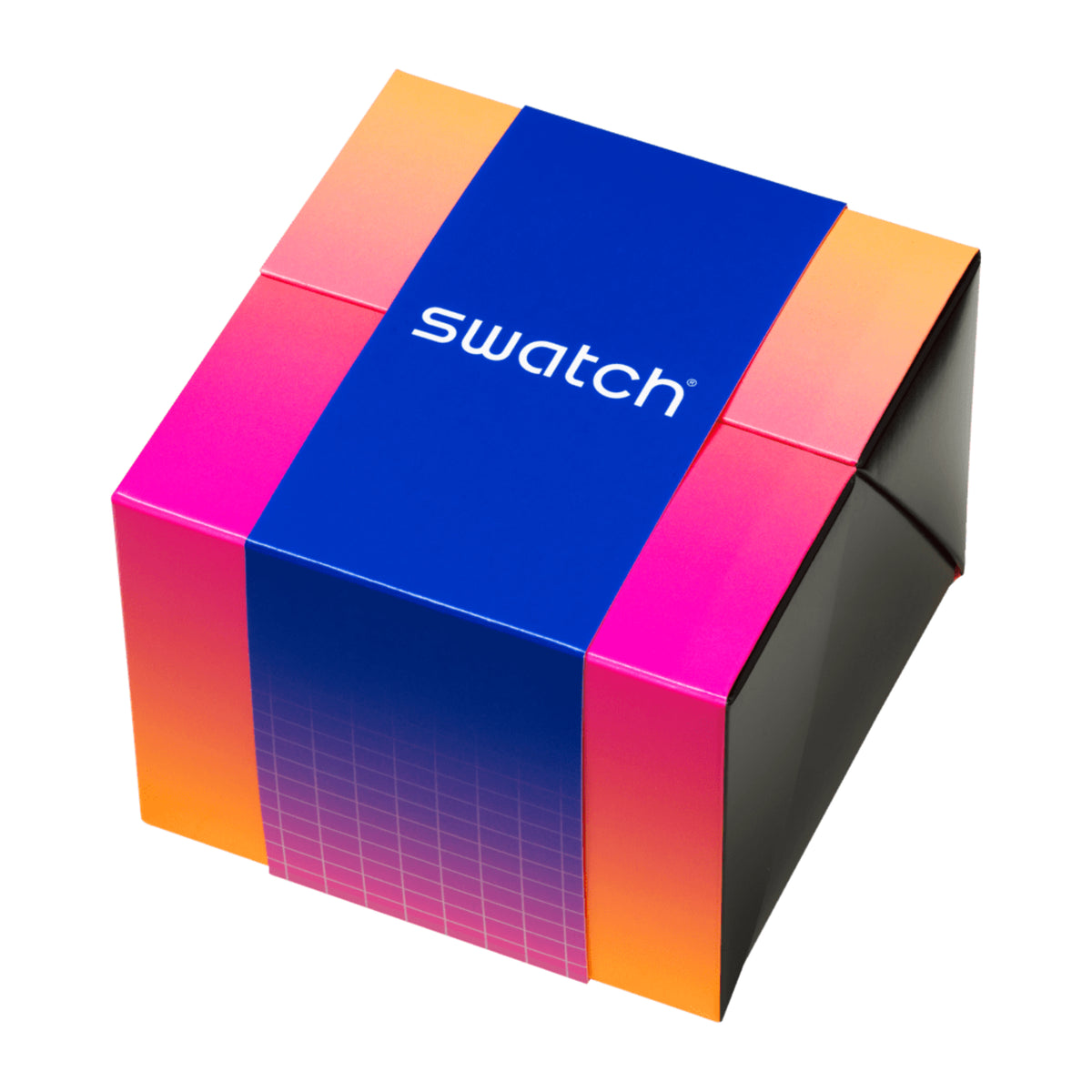 Swatch-branded watch gift box with blue top panel and pink-orange gradient sides