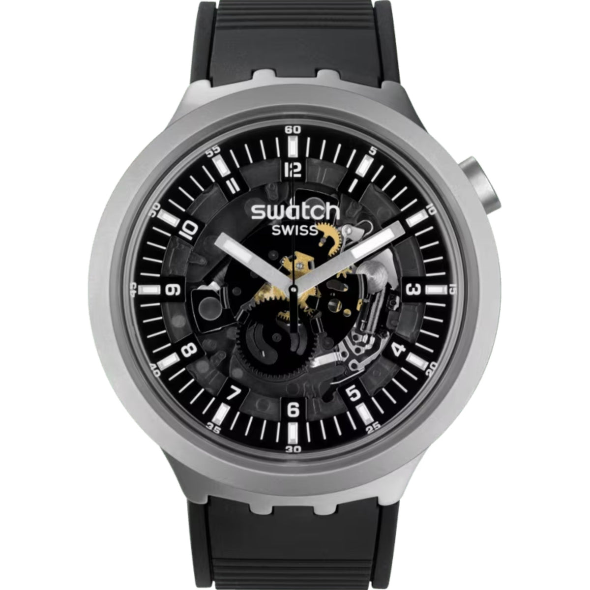 Men's Swatch Swiss automatic-style watch with black dial, exposed mechanics, black rubber strap