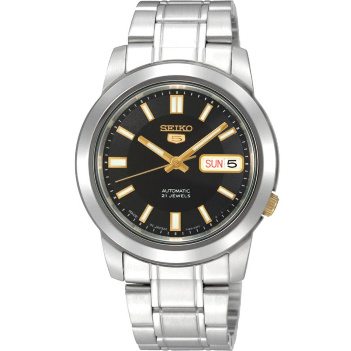 Men's automatic wristwatch with black dial, gold markers, day/date window, stainless bracelet