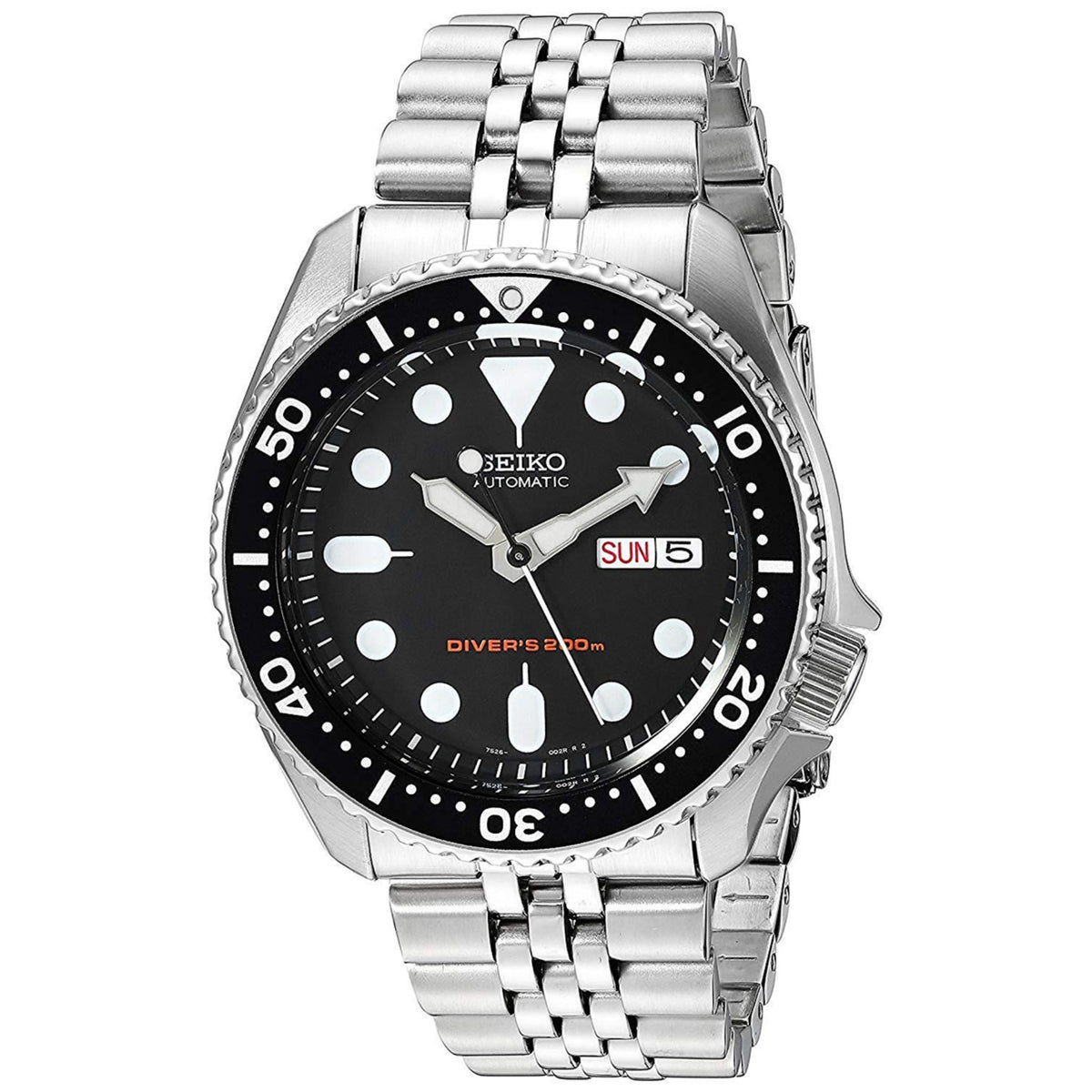 Men's stainless steel diver watch, black dial, bezel, and date window on jubilee bracelet