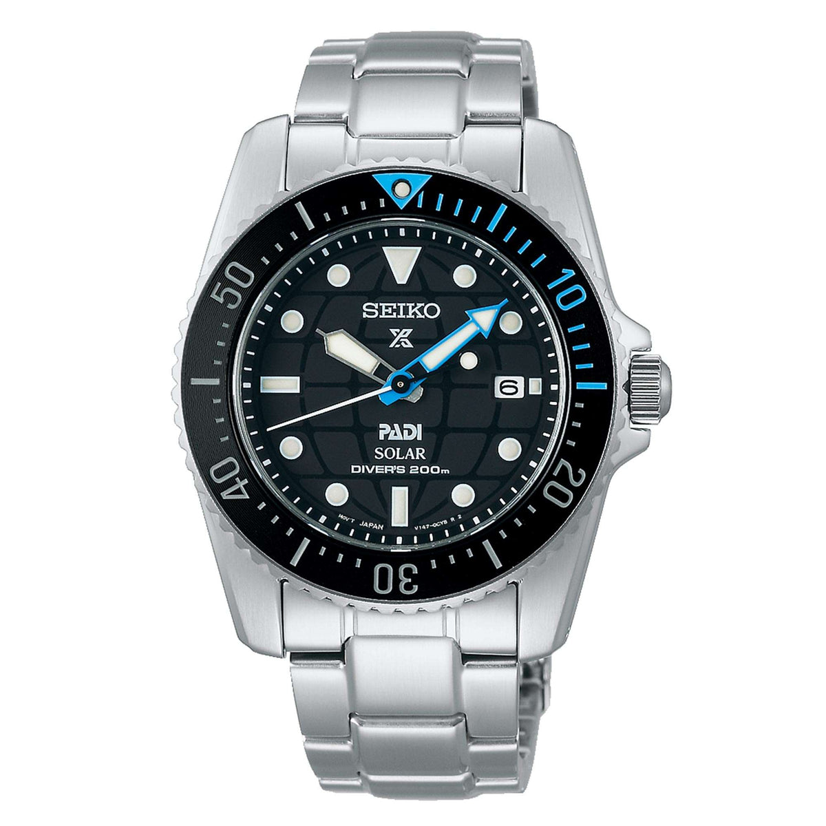 Men's solar dive watch with black dial, blue bezel accents, stainless steel bracelet