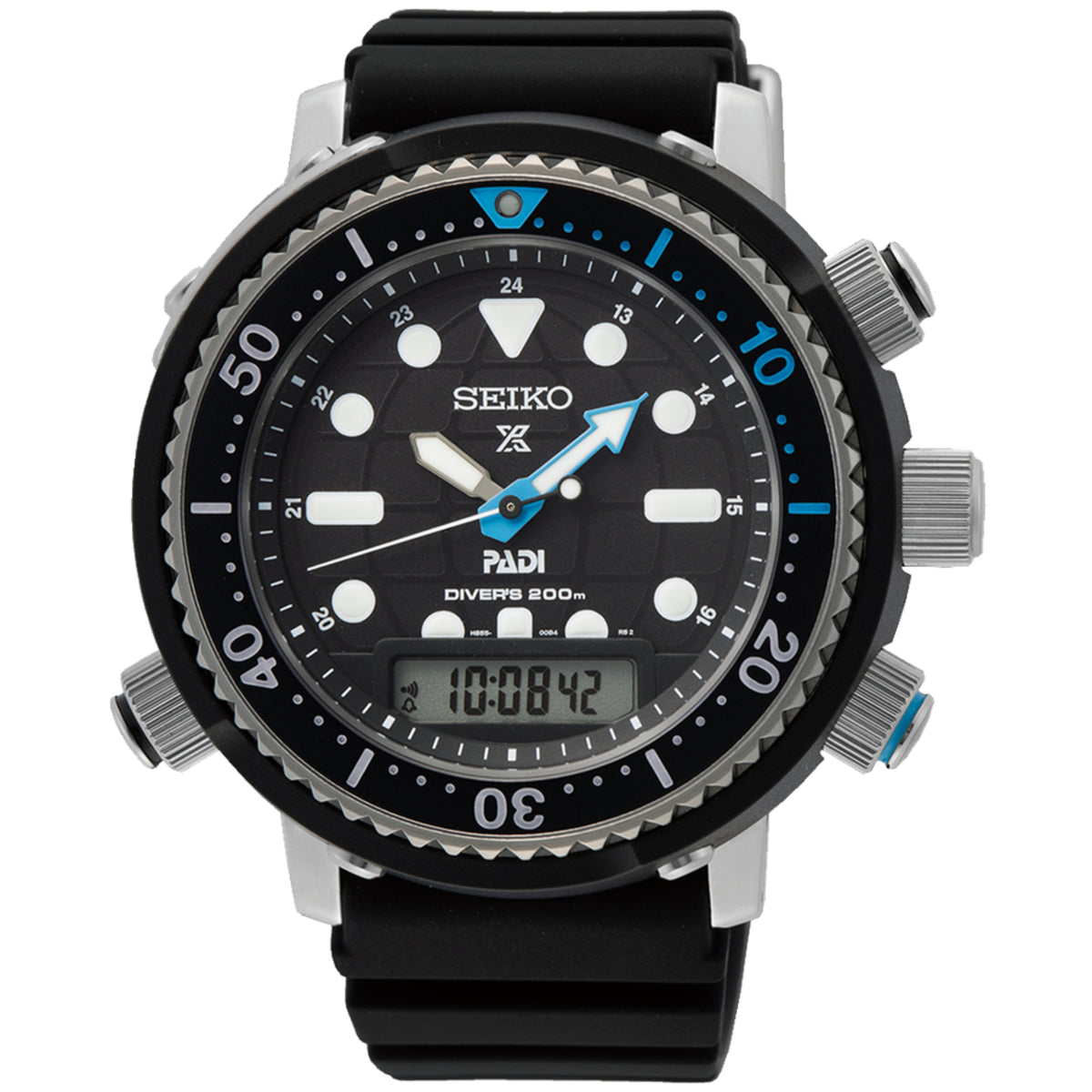 Seiko Prospex Solar SNJ035P1F watch with a black silicone strap and blue accents on a white background