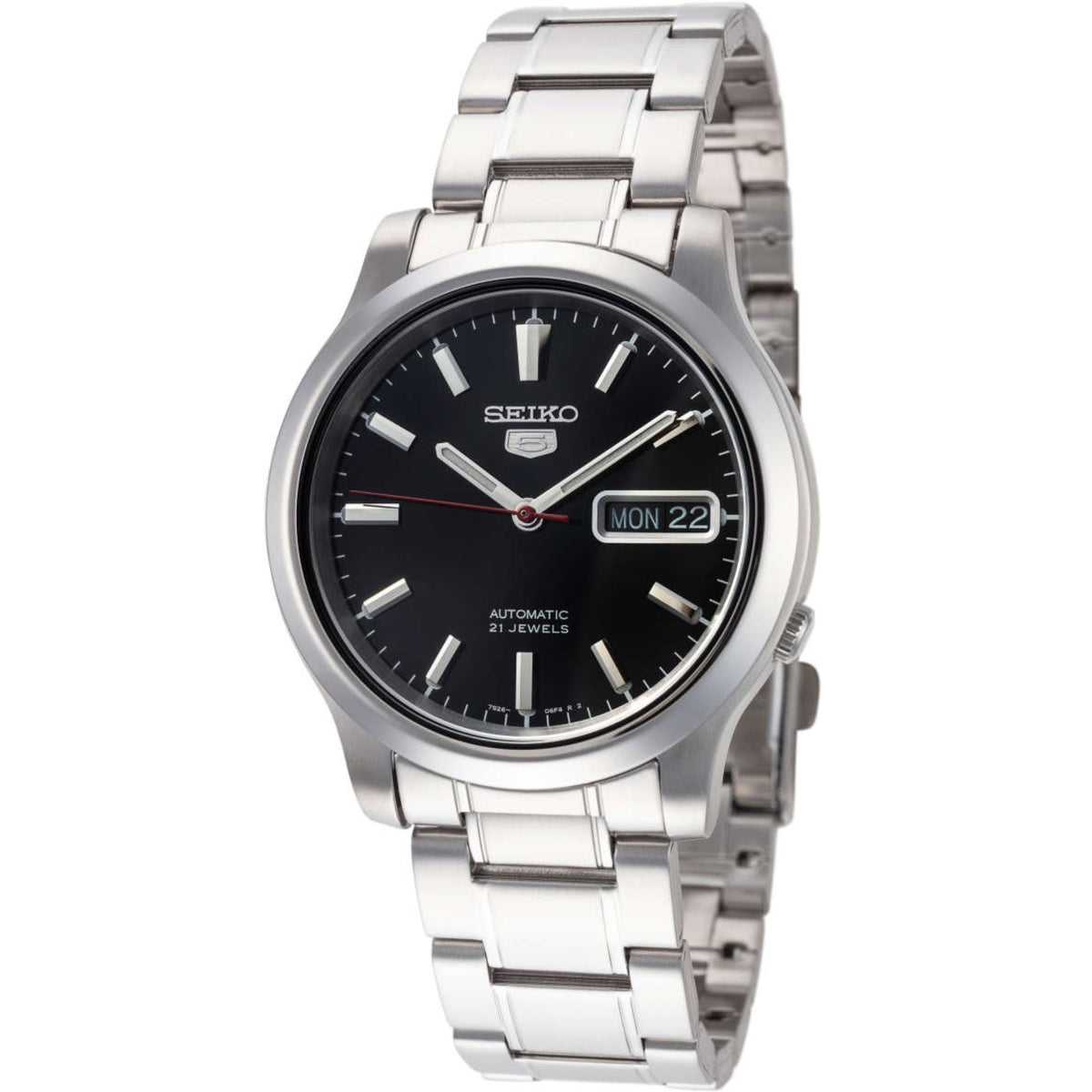 Men's stainless steel automatic watch with black dial, day-date window, and metal bracelet.