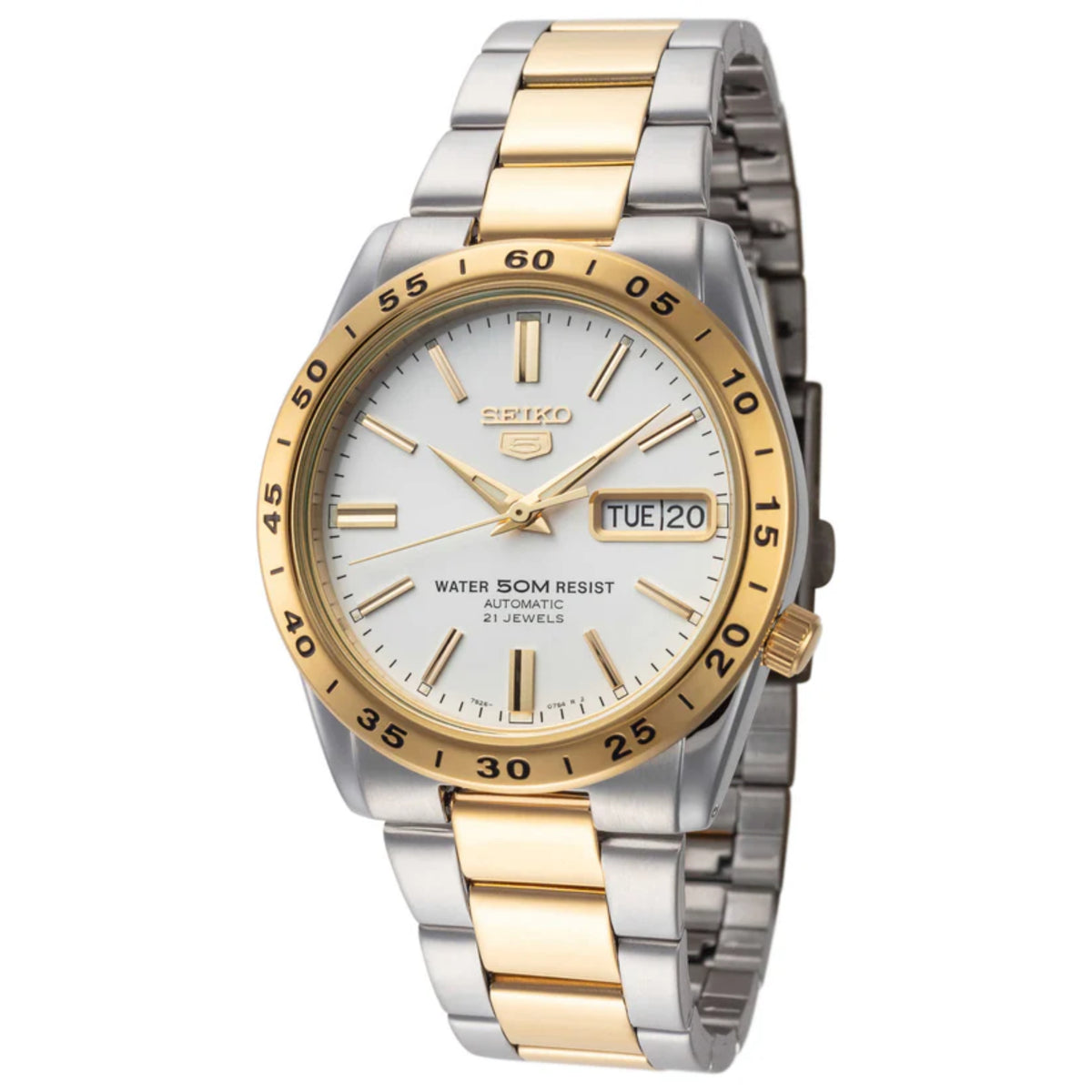 Two-tone gold and silver stainless steel men's automatic watch with white dial and date Tue 20