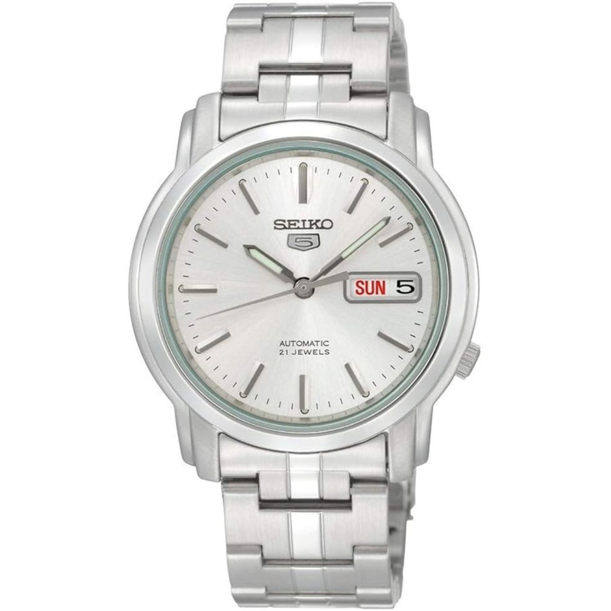Men's automatic watch with silver dial, black hands, stainless bracelet and day/date display