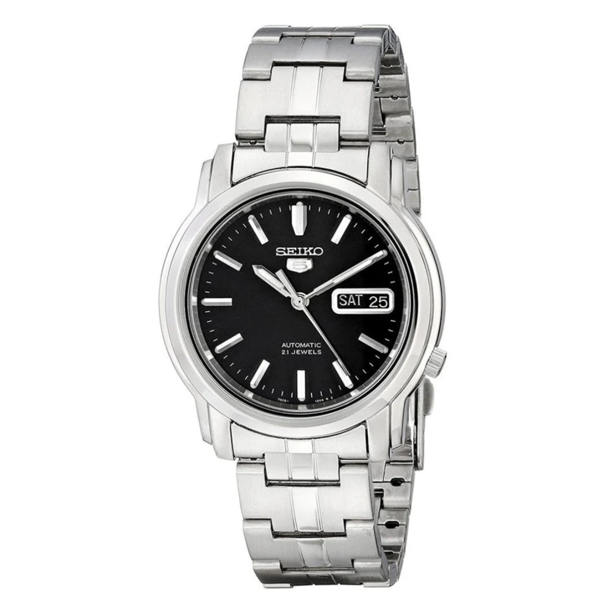 Seiko 5 Classic SNKK71K1 front view of black dial with steel case and bracelet