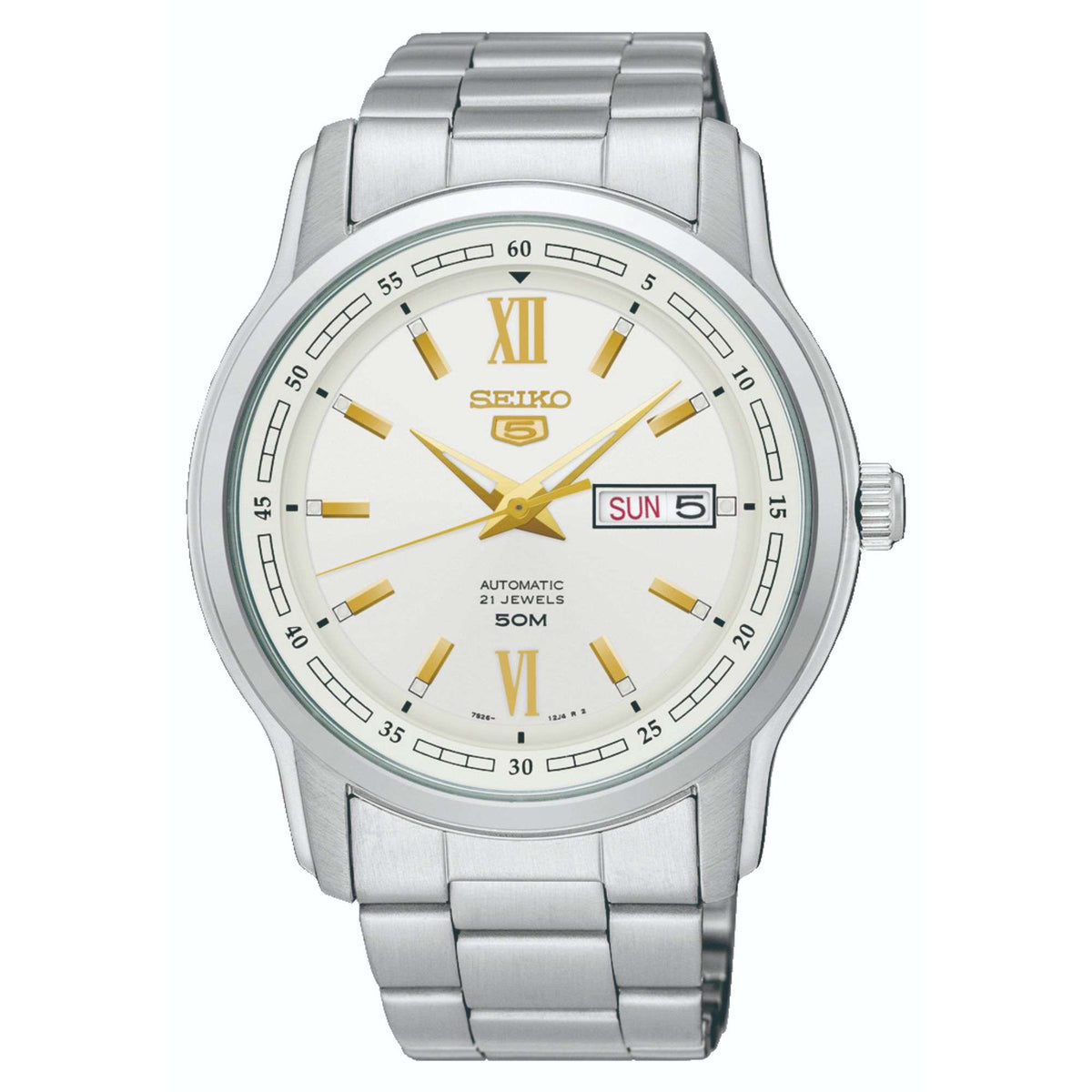 Seiko 5 automatic white dial Roman numeral stainless steel watch SNKP15K1