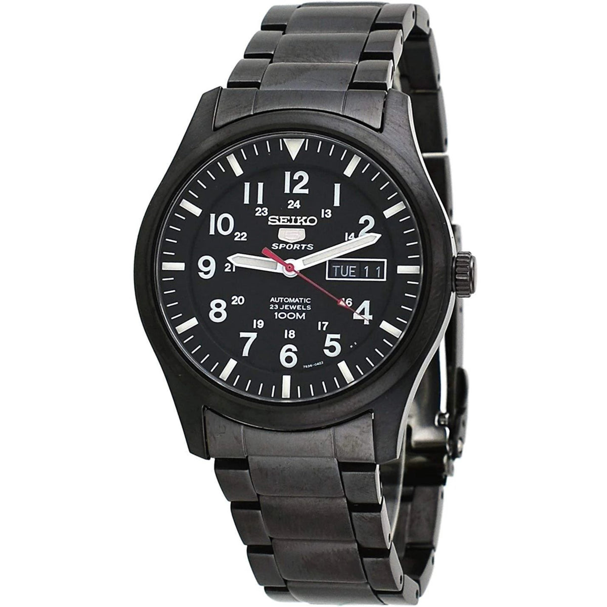 Men's Seiko Sports automatic watch with black dial and black steel bracelet, crown side