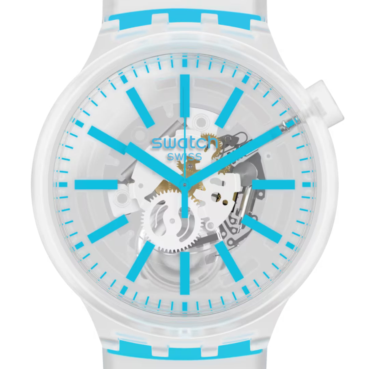 Swatch transparent dial silicone strap watch with blue hands and skeleton gears
